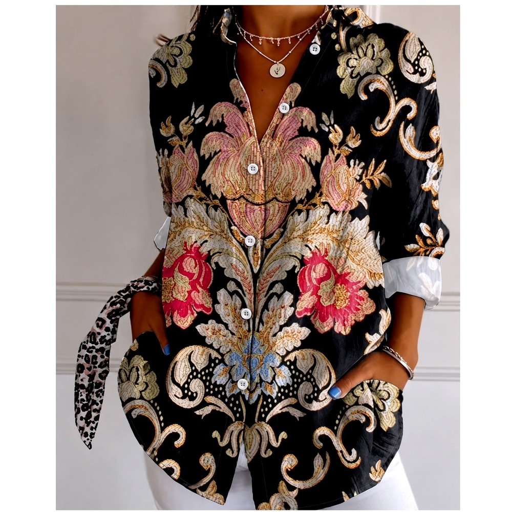 Womens Damask Floral Button Down Shirt Black Pink Baroque Long Sleeve Blouse
